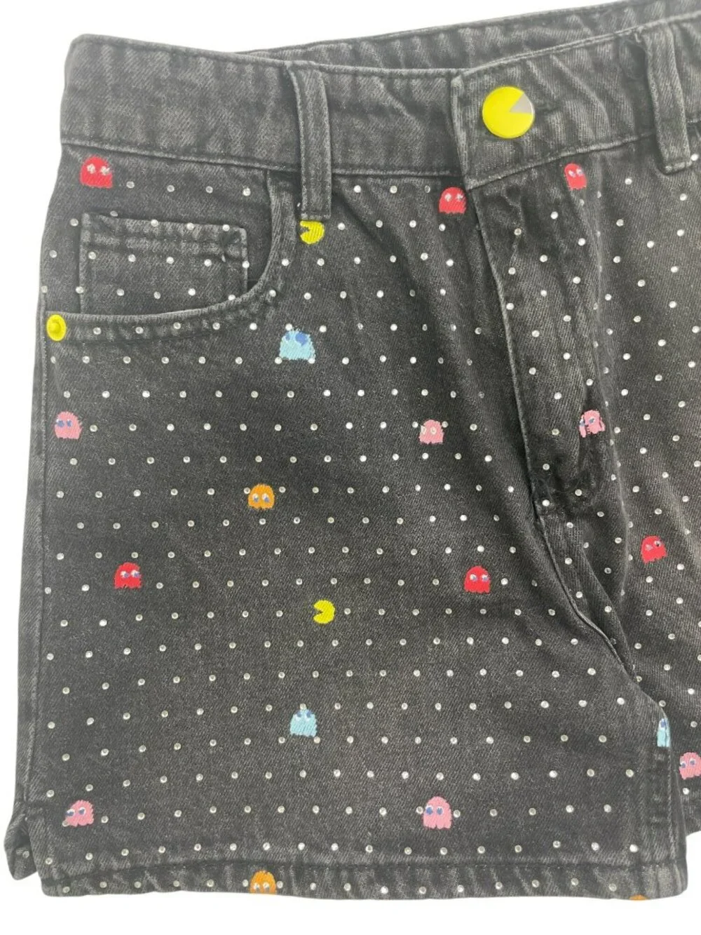 Justice Pac-Man Shorts Stretchy Denim Mini Mom Rhinestones Black Girls Sz 14 NWT